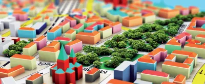 Stilisiertes Foto eines Stadtzentrums mit Häusern, Strassen und Bäumen