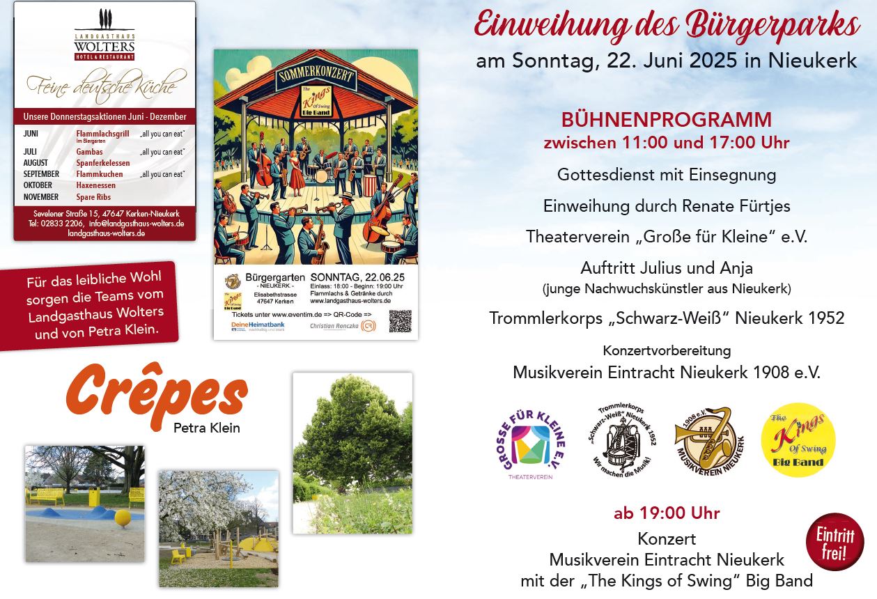 Plakat von der Einweihung des Bürgerparks in Nieukerk im Juni 2025 Plakat von der Einweihung des Bürgerparks in Nieukerk im Juni 2025