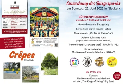 Plakat von der Einweihung des Bürgerparks in Nieukerk im Juni 2025 Plakat von der Einweihung des Bürgerparks in Nieukerk im Juni 2025